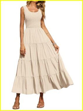 Smocked Tank Maxi Sundress with Pockets - Flowy Tiered Casual Long Dress